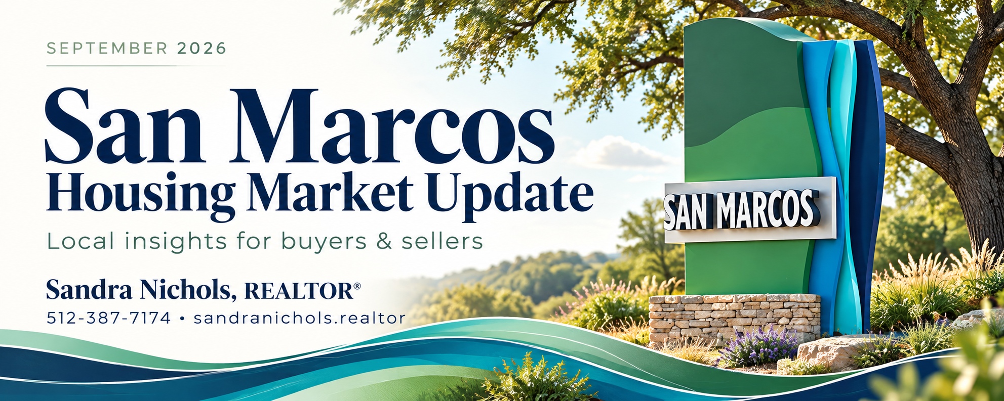San Marcos September 2026 housing market update banner featuring the city’s green and blue entry sign and Sandra Nichols’ contact information.
